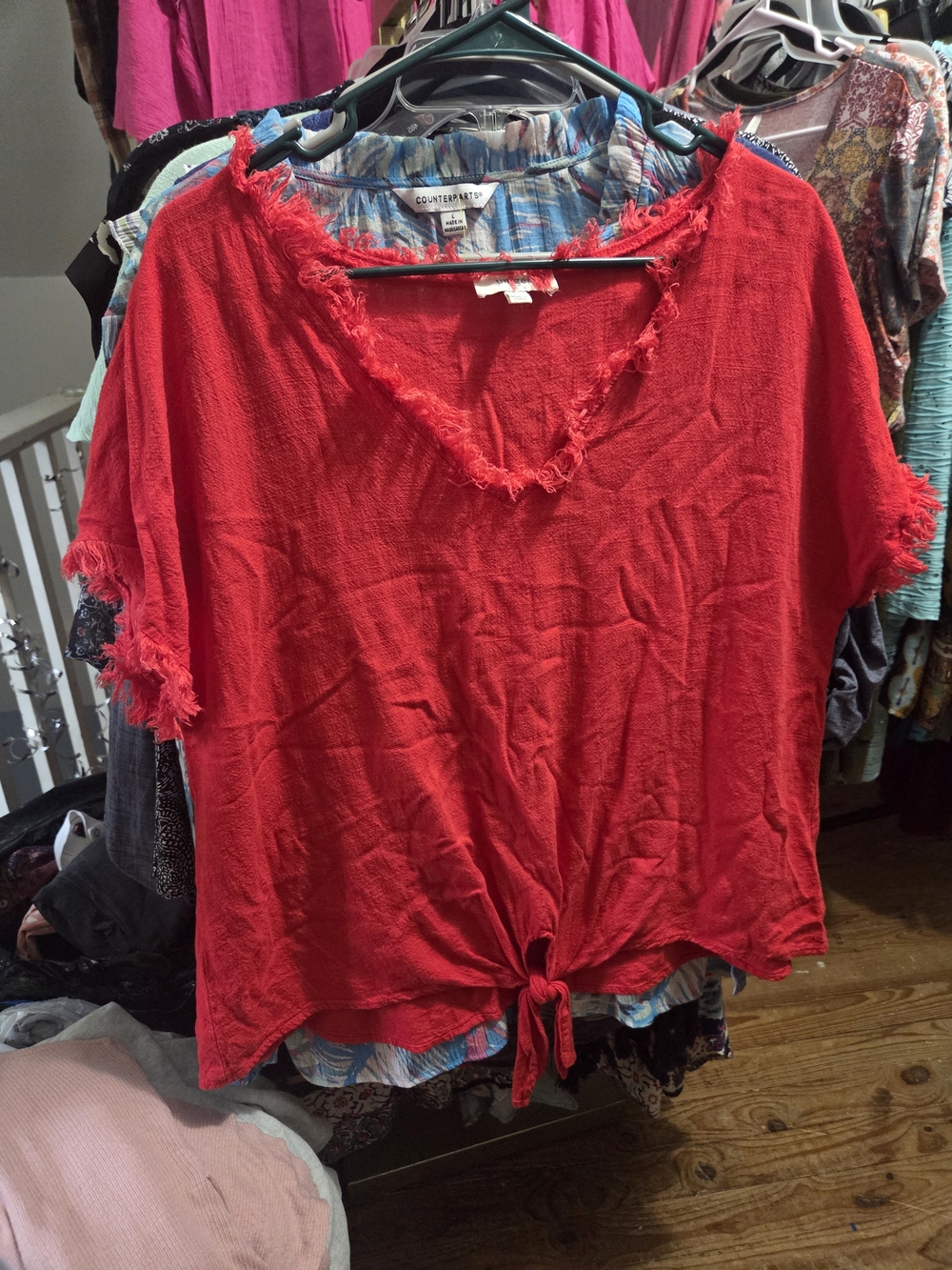 Umgee Red Frayed V-Neck Tie-Front Crop Top Size XL
